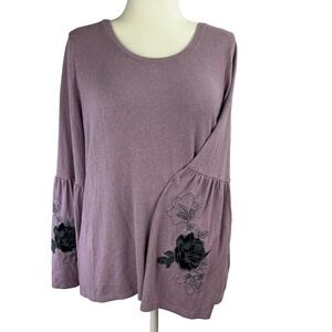 Vera Wang Womens Large Purple Bell Sleeve Rose Embroidered Knit Top Witchy Boho